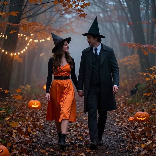 Photograph of a Halloween couple in witch hats, orange dress and black suit, walking a leafy, foggy path with glowing jack-o'-lan