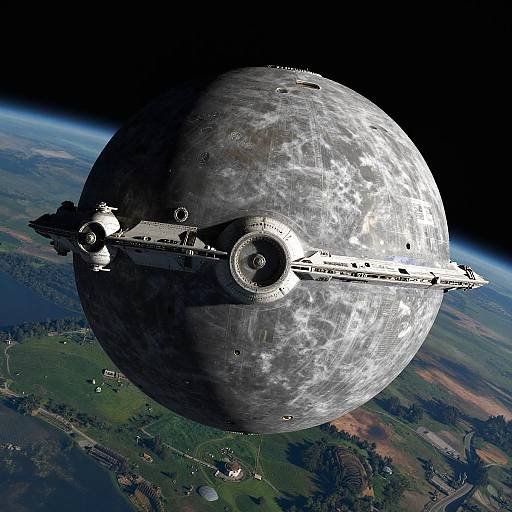 Digital artwork of a large, moon-like planet with a detailed, white and gray textured surface, docked by a futuristic, starfighter-style spacecraft,