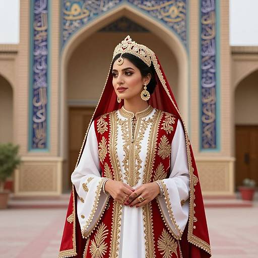 Photograph of a South Asian woman in traditional red and white embroidered bridal attire with a gold headpiece, standing in front of a blue-tiled,