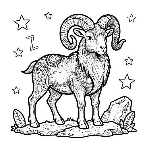Black and white ink drawing of a detailed, stylized ram with large curled horns, standing on rocky ground, surrounded by stars.