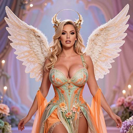 Digital artwork of a blonde, busty angel with large white wings, wearing an ornate, green and orange corset with flower accents, and golden horn