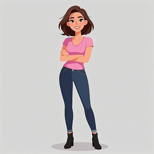 Digital illustration of a smiling woman with brown hair, pink V-neck top, blue jeans, and black ankle boots, standing with arms crossed. White background