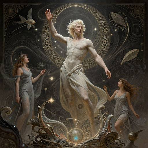 Digital artwork of three ethereal, goddess-like women in flowing, silver dresses, surrounded by celestial patterns, stars, and mystical creatures. Central figure raises
