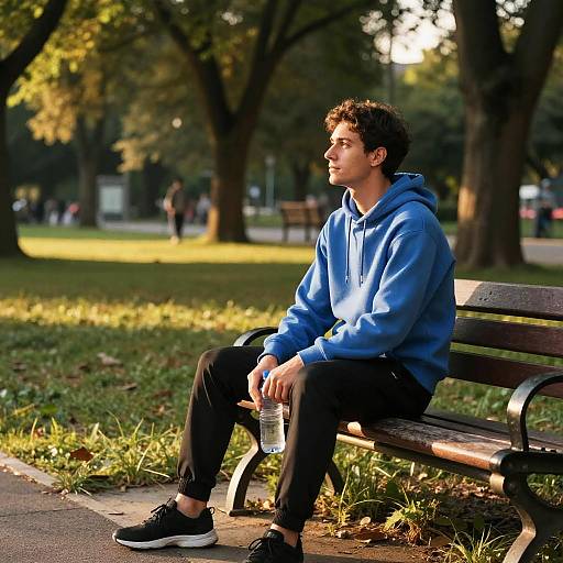 Man in Blue Hoodie Sitting on Park Bench