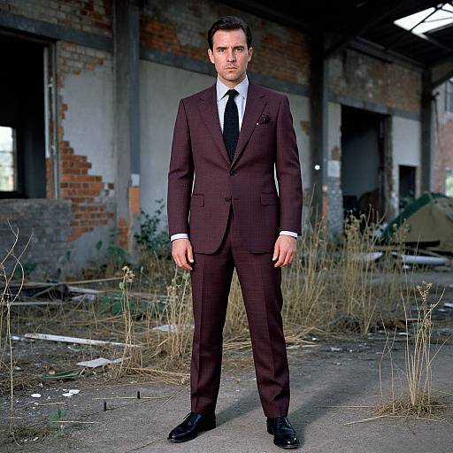 Photograph of a serious, fair-skinned man in a dark brown suit, white shirt, and black tie, standing in an abandoned, dilapid