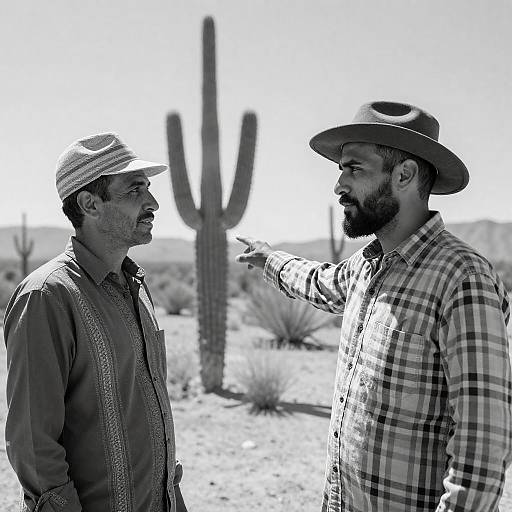 Two Men Talking in Desert with Cacti