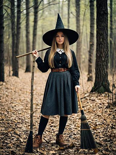 Witch in Woods Holding Broom