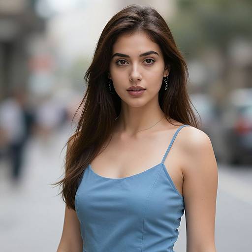 Photograph of a young woman with long dark brown hair, wearing a light blue spaghetti strap top, standing in a blurred urban street background. She has