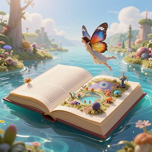 Whimsical digital illustration of an open book floating in a serene, sunlit pond, adorned with flowers and fairy-like creatures, with a vibrant orange