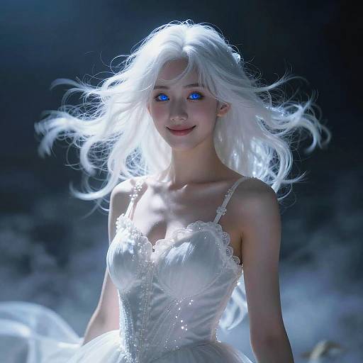 Ethereal Woman with White Hair and Blue Eyes