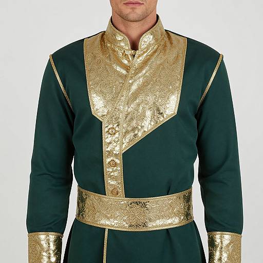 Photograph of a man in a black and gold ornate military-style uniform with intricate gold embroidery on the chest, collar, and waistband, white