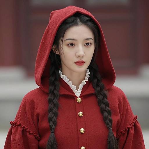 Asian Woman in Red Medieval-Style Costume