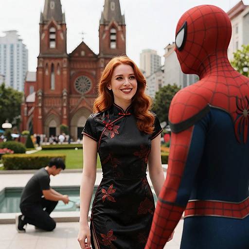 Woman in Chinese Dress Smiling at Spider-Man in Urban Garden