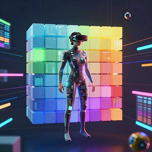 Digital art of a futuristic, neon-lit female figure in a black, patterned bodysuit wearing a VR headset, standing in front of a