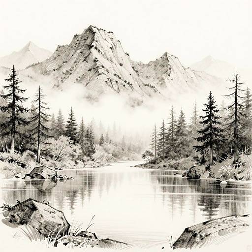Black-and-white ink drawing of a serene mountain landscape with tall pine trees, a reflective lake, and rocky foreground.