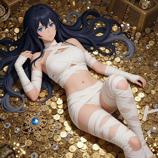 Digital anime-style artwork of a blue-eyed, black-haired woman with long hair, wrapped in white bandages, lying on a golden coin-strewn