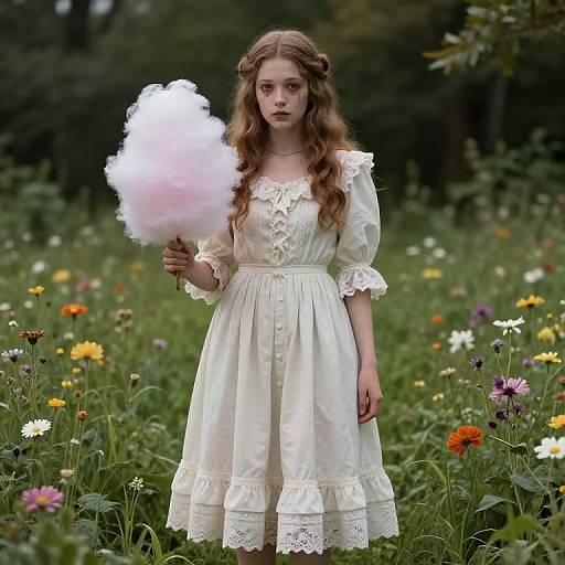 Photograph of a young woman with wavy brown hair, wearing a white lace dress, holding pink cotton candy in a vibrant, flower-filled meadow