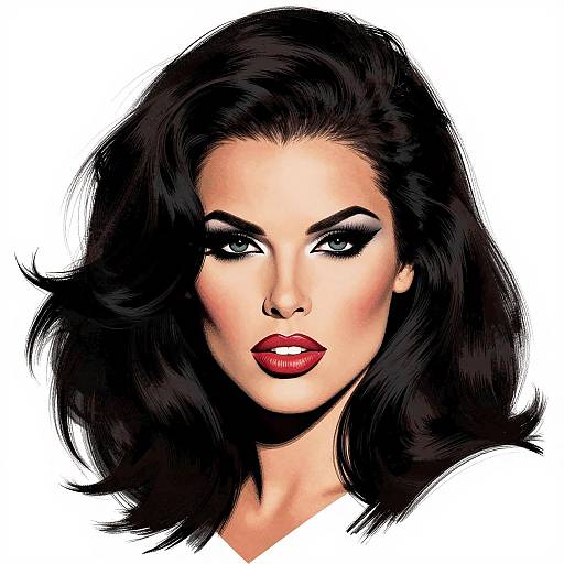 Digital illustration of a glamorous woman with voluminous black hair, bold red lipstick, dramatic black eyeliner, and white shirt, set against a plain white