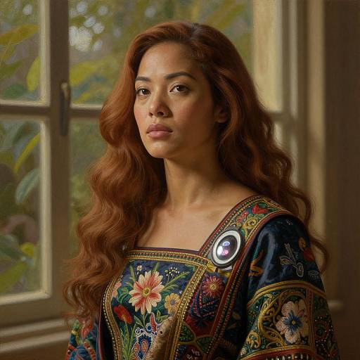 Photograph of a woman with long, wavy auburn hair, wearing an ornate, floral-patterned, dark blue top with intricate embroidery