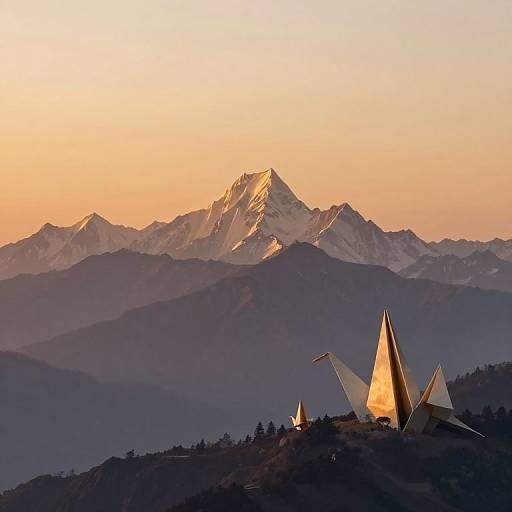 Sunlit photograph of a mountain range with snow-capped peaks at sunset, featuring triangular geometric structures in the foreground, casting long shadows.
