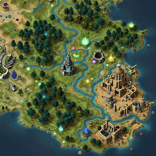 Isometric digital map of a fantasy island with colorful glowing lights, ancient ruins, trees, rivers, and various magical structures.