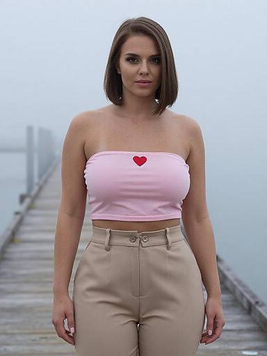 Photograph of a brunette woman with a bob haircut, wearing a pink strapless top with a red heart, and beige high-waisted pants,