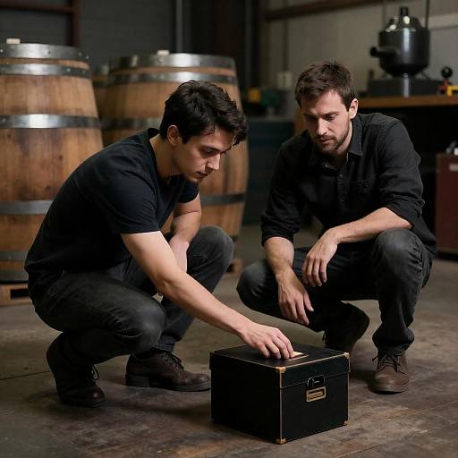 Crouching Men in Warehouse Setting