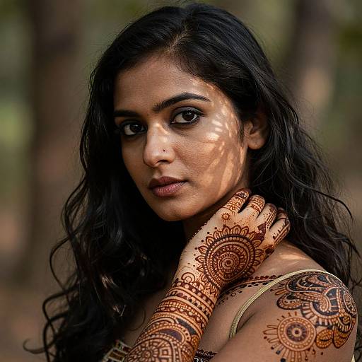 Photograph of a beautiful Indian woman with long black hair, dark eyes, and intricate henna designs on her arms and shoulder, standing in a forest