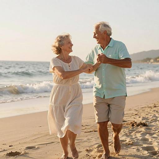 Photograph of elderly couple holding hands on sunny beach, woman in white dress, man in light blue shirt and beige shorts, waves in background.