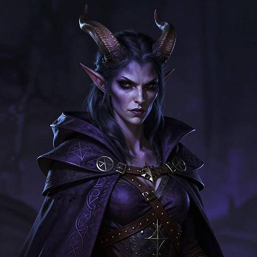 Digital artwork of a dark-blue skinned, elf-like demon woman with black horns, pointed ears, intense expression, wearing ornate dark purple cloak and