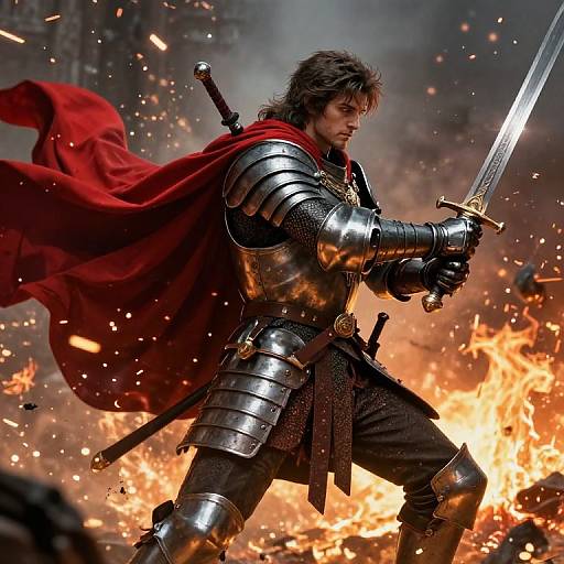 Photorealistic CGI of a fierce, armored warrior with wavy brown hair, red cape, and sword, amidst blazing flames and flying sparks.