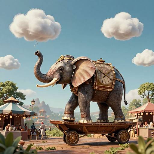 Digital artwork of a decorated elephant with golden trappings, standing on a wooden cart under a bright blue sky with fluffy clouds. Marketplace stalls and trees in