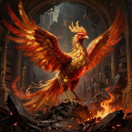 Digital fantasy artwork of a fierce, glowing phoenix with red and orange feathers, standing amidst burning rubble in a ruined, gothic-style cathedral.