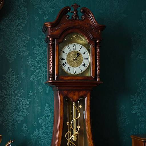 Photograph of a vintage, ornate wooden grandfather clock with Roman numerals, gold hands, and intricate floral wallpaper background.