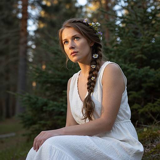 Photograph of a young woman with fair skin, brown braided hair, white dress, flower crown, sitting in a forest at dusk.