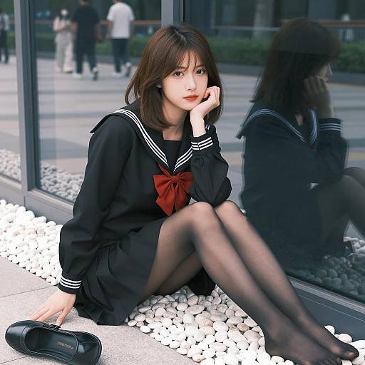 Asian Woman in Black Sailor Uniform Sitting by Glass Window