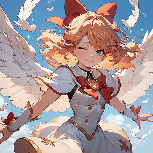 Digital anime-style drawing of a blonde, blue-eyed girl with angel wings, red bow, and white dress, winking against a bright blue sky.