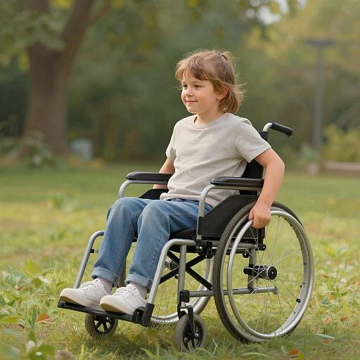 Photograph of a smiling young boy with brown hair in a white t-shirt and blue jeans, sitting in a wheelchair on grass in a sunlit park