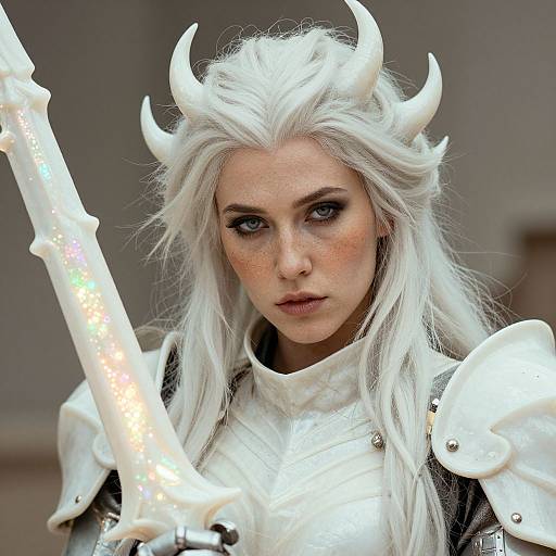 Photograph of a white-haired woman with horns, wearing white armor and holding a glowing sword, with a serious expression. Fantasy warrior.