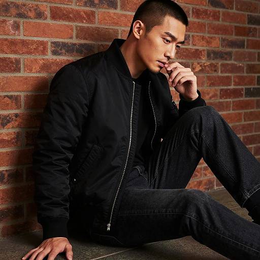 Photograph of a contemplative Asian man with short black hair, wearing a black jacket and jeans, sitting against a red brick wall, touching his chin