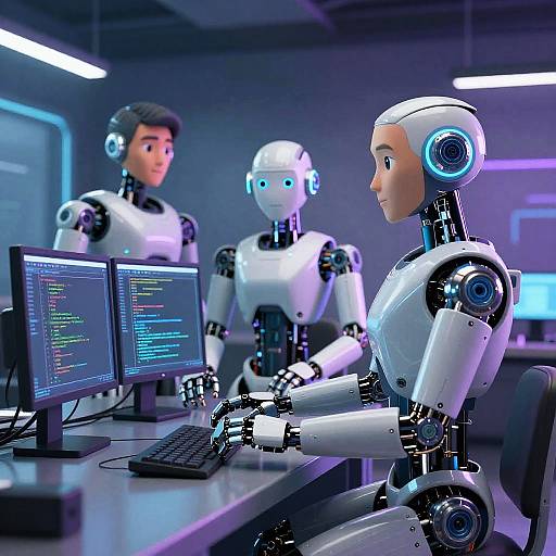 Photorealistic CGI of three humanoid robots with blue earphones, working on computer screens in a modern, dimly-lit office.