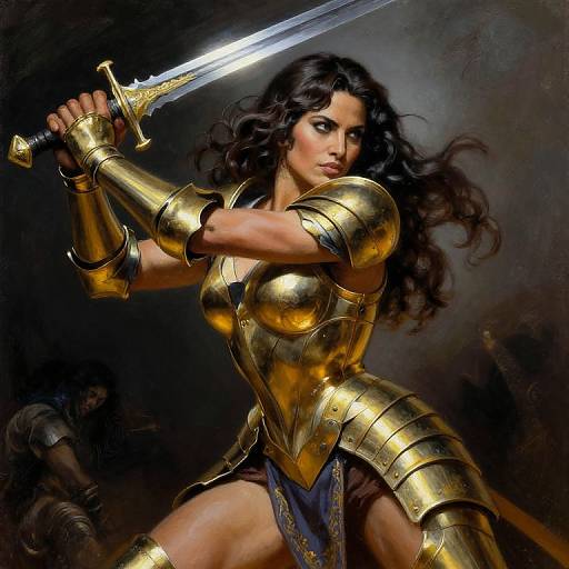 Digital painting of a fierce, dark-haired warrior woman in golden armor, holding a sword, ready to strike, with a dramatic dark background.