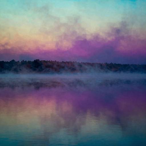 Photograph of a serene, misty lake at sunrise, with vibrant purple, pink, and blue clouds reflecting on the calm water.