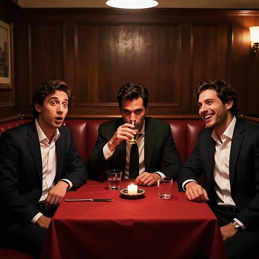 Three Suited Men in Dim Restaurant