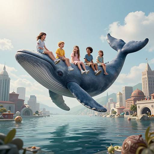 CGI illustration of five children riding a giant blue whale through a city's waterfront, with skyscrapers and domed buildings in the background. Bright