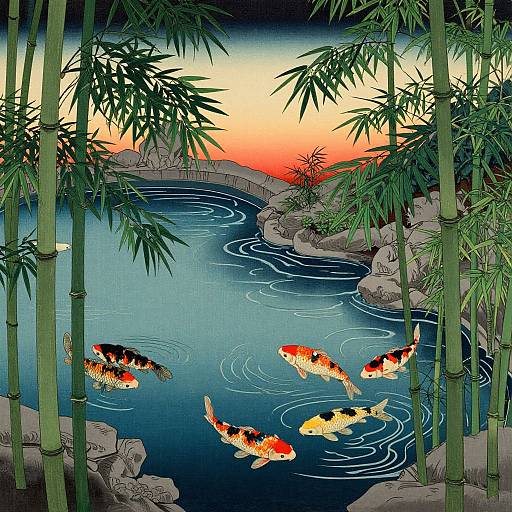 Digital artwork of a serene pond at sunset, featuring five vibrant koi fish, surrounded by bamboo stalks, rocks, and a tranquil, flowing blue