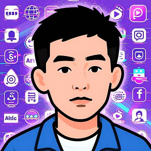 Digital illustration of an Asian man with black hair, neutral expression, blue jacket, and white shirt, set against a purple background with various white and colorful