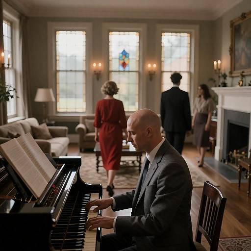 Elegant Living Room with Piano and Guests