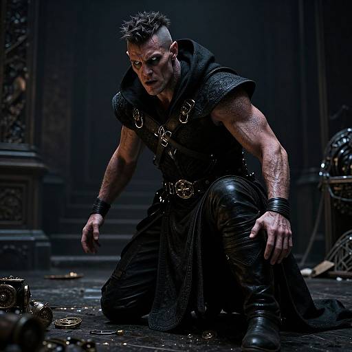 Photorealistic CGI of a muscular, dark-haired, scarred man with spiked hair, wearing black leather and metal armor, crouching menacingly