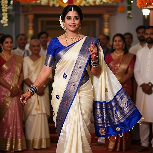 Photograph of a confident Indian bride in a white and blue saree with gold embroidery, standing in a traditional wedding ceremony with guests in the background.